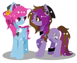 Size: 900x738 | Tagged: safe, artist:snow angel, derpibooru import, oc, oc:noty serdtsa, oc:symphony diamond, unofficial characters only, pegasus, pony, unicorn, bowtie, ear piercing, earring, female, hat, jewelry, mare, piercing, simple background, sparkles, transparent background