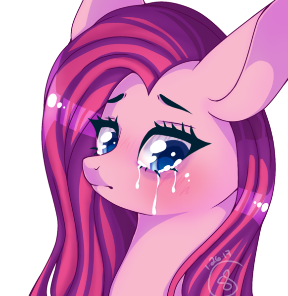 Size: 1024x1056 | Tagged: safe, artist:starshame, derpibooru import, pinkie pie, earth pony, pony, big ears, blushing, bust, colored pupils, crying, eyeliner, makeup, pinkamena diane pie, portrait, sad, signature, simple background, solo, transparent background