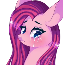 Size: 1024x1056 | Tagged: safe, artist:starshame, derpibooru import, pinkie pie, earth pony, pony, big ears, blushing, bust, colored pupils, crying, eyeliner, makeup, pinkamena diane pie, portrait, sad, signature, simple background, solo, transparent background