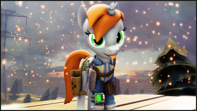 Size: 1920x1080 | Tagged: safe, artist:skilm, derpibooru import, oc, oc:littlepip, unofficial characters only, pony, unicorn, fallout equestria, fanfic, 3d, :p, clothes, fanfic art, female, horn, looking at you, mare, pipboy, pipbuck, solo, source filmmaker, stars, tongue out, tree, vault suit