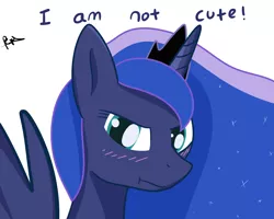 Size: 2500x2000 | Tagged: safe, artist:perhaps198, derpibooru import, princess luna, alicorn, pony, :t, blatant lies, blushing, cute, dialogue, frown, i'm not cute, lunabetes, scrunchy face, simple background, solo, spread wings, white background