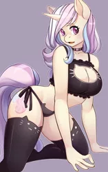 Size: 1252x2000 | Tagged: suggestive, artist:iwbitu, derpibooru import, oc, oc:pop candy, unofficial characters only, anthro, unicorn, anthro oc, black underwear, boob window, bra, breasts, cat keyhole bra set, cat lingerie, choker, cleavage, clothes, crop top bra, female, gemini ties, lingerie, looking at you, panties, ranchtown, side knot underwear, socks, solo, solo female, stockings, thigh highs, underwear