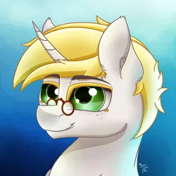 Size: 1500x1500 | Tagged: safe, artist:midnightsix3, derpibooru import, oc, oc:book shield, unofficial characters only, pony, unicorn, blonde hair, freckles, glasses, gradient background, green eyes, male, smiling, solo, stallion