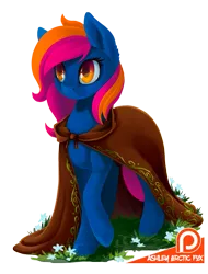 Size: 759x1000 | Tagged: safe, artist:arctic-fox, derpibooru import, oc, oc:early light, unofficial characters only, earth pony, pony, cloak, clothes, commission, female, flower, grass, mare, patreon, patreon logo, raised hoof, simple background, solo, transparent background