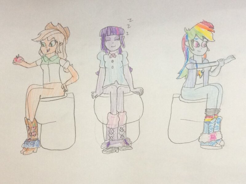 Size: 1024x765 | Tagged: suggestive, artist:goofermutt, derpibooru import, applejack, rainbow dash, twilight sparkle, equestria girls, apple, but why, clothes, food, nudity, skirt, sleeping, toilet, traditional art