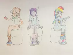 Size: 1024x765 | Tagged: suggestive, artist:goofermutt, derpibooru import, applejack, rainbow dash, twilight sparkle, equestria girls, apple, but why, clothes, food, nudity, skirt, sleeping, toilet, traditional art