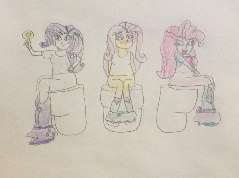 Size: 1024x765 | Tagged: suggestive, artist:goofermutt, derpibooru import, fluttershy, pinkie pie, rarity, equestria girls, blushing, but why, clothes, embarrassed, mirror, nudity, skirt, tanktop, toilet