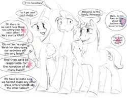 Size: 1280x989 | Tagged: safe, artist:silfoe, derpibooru import, night light, princess cadance, princess luna, alicorn, pony, unicorn, black and white, consoling, cutie mark, dialogue, floppy ears, folded wings, grayscale, grimace, implied shining armor, implied twilight sparkle, implied twilight velvet, monochrome, open mouth, panic, partial color, raised hoof, simple background, smiling, speech bubble, terrified, thousand yard stare, trio, white background