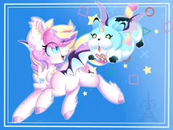 Size: 1600x1200 | Tagged: safe, artist:silent-shadow-wolf, derpibooru import, oc, oc:confectionery bliss, unofficial characters only, bat pony, hybrid, pony, animal, creature, cute, dream eater, duo, female, flying, friends, kingdom hearts, mare, open mouth, smiling, spread wings