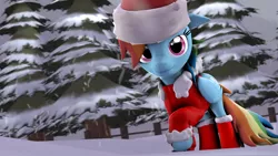 Size: 1920x1080 | Tagged: 3d, artist:wiizzie, boots, clothes, costume, derpibooru import, hat, hooves, rainbow dash, safe, santa costume, santa hat, solo, tree, wings, winter