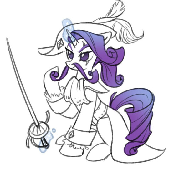 Size: 540x564 | Tagged: safe, artist:tomatocoup, derpibooru import, rarity, pony, unicorn, 30 minute art challenge, clothes, coat, cravat, elusive, epee, facial hair, feather hat, hat, levitation, magic, moustache, partial color, raised hoof, rule 63, scar, simple background, sitting, sketch, solo, sword, telekinesis, weapon, white background