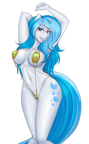 Size: 2394x3869 | Tagged: questionable, alternate version, artist:askbubblelee, derpibooru import, oc, oc:bubble lee, oc:imago, unofficial characters only, anthro, unicorn, absolute cleavage, anthro oc, arm behind head, armpits, bedroom eyes, belly button, big breasts, bikini, blushing, breasts, cleavage, clothes, cute, female, freckles, gold swimsuit, lipstick, looking at you, loose hair, mare, micro bikini, seductive pose, sexy, simple background, sling bikini, smiling, solo, solo female, swimsuit, transparent background, wide hips