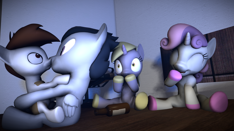 Size: 3840x2160 | Tagged: 3d, artist:viranimation, cute, derpibooru import, dinky hooves, gay, hoof polish, kissing, male, nail polish, pipsqueak, rumble, rumblesqueak, safe, shipping, shocked, spin the bottle, sweetie belle