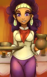 Size: 1900x3100 | Tagged: safe, artist:gabbslines, derpibooru import, saffron masala, equestria girls, spice up your life, bandana, bowl, breasts, clothes, curvy, dark skin, ear piercing, earring, equestria girls-ified, female, jewelry, long sleeves, looking at you, pants, piercing, purple eyes, signature, smiling, solo, tray