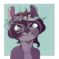 Size: 512x512 | Tagged: artist:teymar, barely pony related, bust, deer, derpibooru import, floral head wreath, flower, freckles, oc, oc:rassy, portrait, safe, simple background, smiling, solo, tangentially pony related, unofficial characters only