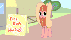 Size: 960x540 | Tagged: safe, artist:fimflamfilosophy, derpibooru import, oc, unofficial characters only, pony, mentally advanced series, animated, bouncing, clothes, costume, cute, dancing, female, food, food costume, gif, happy, headbob, hot dog, implied ponies eating meat, looking at you, mare, meat, ocbetes, open mouth, raised hoof, sausage, smiling, solo, stomping, trotting, trotting in place