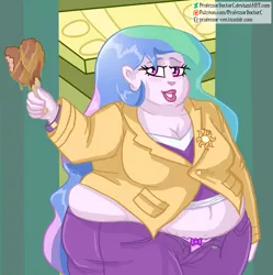 Size: 800x804 | Tagged: suggestive, artist:professordoctorc, derpibooru import, princess celestia, equestria girls, bbw, belly, belly button, breasts, chubbylestia, cleavage, clothes, eating, fat, female, frilly underwear, obese, open fly, panties, pink underwear, principal celestia, principal chubbylestia, ribbon, solo, solo female, underwear, wardrobe malfunction