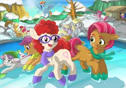 Size: 5458x3813 | Tagged: safe, artist:jeremy3, derpibooru import, apple bloom, applejack, babs seed, derpy hooves, pinkie pie, rainbow dash, scootaloo, sweetie belle, twist, oc, pegasus, pony, comic:winter season, absurd resolution, clothes, cowboy hat, crying, cutie mark crusaders, dislocated legs, eyes closed, female, glasses, hat, ice, ice skating, mare, open mouth, scarf, scenery, snow, snowball fight, snowman, stetson, winter