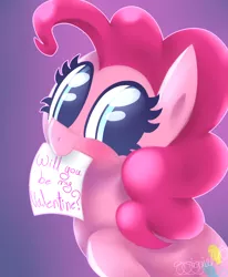 Size: 1400x1700 | Tagged: safe, artist:siggie740, derpibooru import, pinkie pie, earth pony, pony, cute, diapinkes, gradient background, looking at you, mouth hold, paper, signature, smiling, solo, valentine, valentine's day