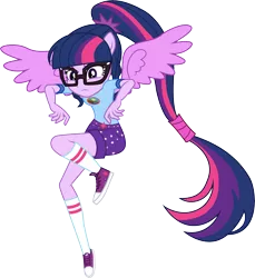 Size: 9589x10455 | Tagged: safe, artist:illumnious, derpibooru import, sci-twi, twilight sparkle, equestria girls, legend of everfree, absurd resolution, clothes, converse, glasses, ponied up, ponytail, scitwilicorn, shoes, shorts, simple background, socks, solo, spread wings, transparent background, vector, wings