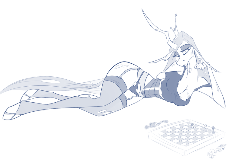 Size: 1600x1080 | Tagged: suggestive, artist:briarspark, derpibooru import, queen chrysalis, anthro, changeling, changeling queen, unguligrade anthro, breasts, busty queen chrysalis, chess, chessboard, cleavage, clothes, female, floppy ears, horn, lidded eyes, looking at you, monochrome, simple background, sketch, solo, solo female, stupid sexy chrysalis, white background, wings