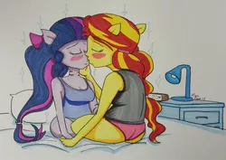 Size: 1024x724 | Tagged: suggestive, artist:missmayaleanne, derpibooru import, part of a set, sci-twi, sunset shimmer, twilight sparkle, equestria girls, blushing, breasts, cleavage, clothes, female, frilly underwear, green underwear, kissing, lesbian, panties, part of a series, pink underwear, ponied up, scitwishimmer, shipping, story in the source, sunsetsparkle, tanktop, traditional art, underwear