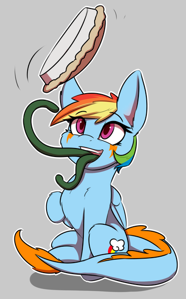 Size: 1200x1920 | Tagged: safe, artist:captainpudgemuffin, derpibooru import, rainbow dash, monster pony, original species, tatzlpony, cheek fluff, chest fluff, cute, dashabetes, ear fluff, fluffy, food, gray background, hilarious in hindsight, pie, shoulder fluff, simple background, solo, species swap, tatzldash, tentacle tongue, tentacles, this will end in tears