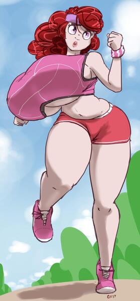 Size: 975x2100 | Tagged: artist:moronsonofboron, belly button, big breasts, breasts, busty twist, clothes, derpibooru import, edit, female, huge breasts, human, humanized, impossibly large breasts, jogging, midriff, older, questionable, shoes, sneakers, solo, solo female, sports bra, sports shorts, sweatband, twist, underboob