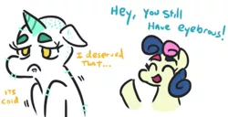 Size: 500x255 | Tagged: safe, artist:jargon scott, derpibooru import, bon bon, lyra heartstrings, sweetie drops, earth pony, pony, unicorn, abuse, dialogue, duo, eyes closed, floppy ears, image, lyrabuse, open mouth, png, sad, shaved, simple background, smiling, white background