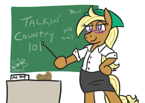 Size: 500x356 | Tagged: safe, artist:jargon scott, derpibooru import, oc, oc:tater trot, unofficial characters only, earth pony, pony, accent, bipedal, chalkboard, countryisms, female, food, grammar, grammar error, mare, potato, solo, standing, teacher, y'all, yaint