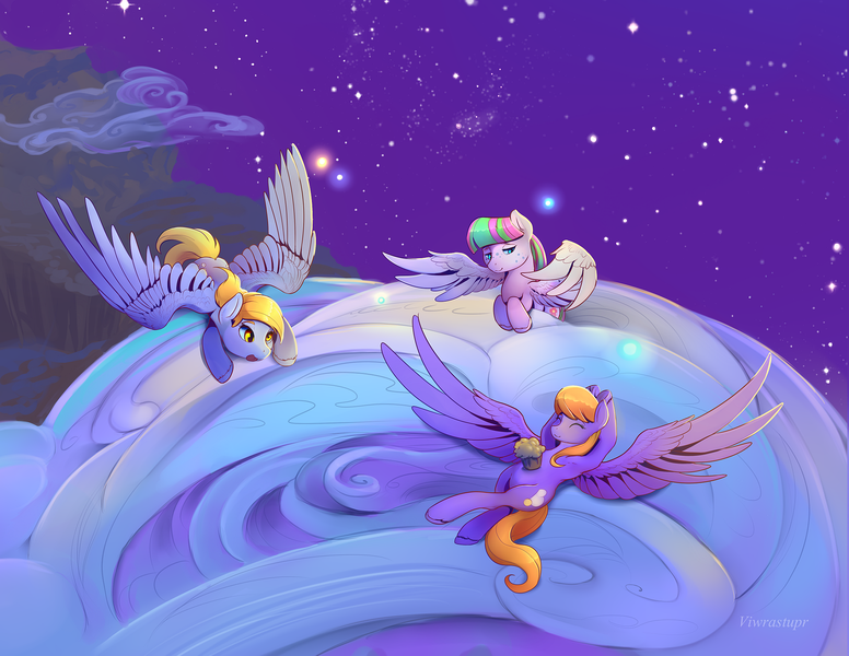 Size: 2200x1700 | Tagged: safe, artist:viwrastupr, derpibooru import, blossomforth, cloud kicker, derpy hooves, pegasus, pony, cloud, cute, eyes closed, female, flying, food, large wings, mare, muffin, night, night sky, smiling, spread wings, starry night, stars, trio, wings