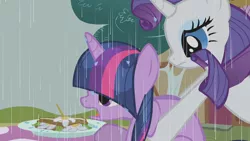 Size: 1280x720 | Tagged: safe, derpibooru import, screencap, rarity, twilight sparkle, pony, unicorn, the ticket master, daffodil and daisy sandwich, duo, female, food, grabbing, holding a pony, mare, open mouth, plate, rain, sandwich, table, unicorn twilight, wet, wet mane