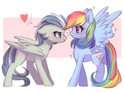 Size: 1024x780 | Tagged: safe, artist:yanshiki, derpibooru import, rainbow dash, oc, pegasus, pony, abstract background, blushing, chromatic aberration, colored pupils, commission, confused, eye contact, heart, looking at each other, personal space invasion, pictogram, question mark, scrunchy face, signature, speech bubble, spread wings, stare, wingboner, ych result