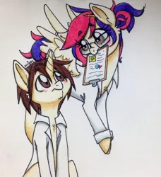 Size: 854x936 | Tagged: safe, artist:ameliacostanza, derpibooru import, oc, oc:mayday parker sparkle, unofficial characters only, pegasus, pony, unicorn, adorkable, blushing, clothes, crossover, cute, daughter, dork, eye contact, father, father and daughter, glasses, lab coat, looking at each other, maydaypeter, messy bun, messy mane, nerd, offspring, parent:peter parker, parent:twilight sparkle, parents:spidertwi, peter parker, spider-man