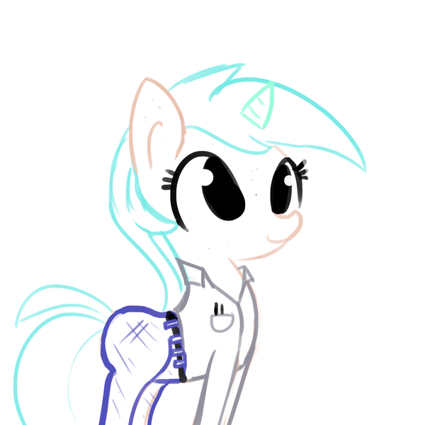 Size: 1080x1080 | Tagged: safe, artist:tjpones, derpibooru import, lyra heartstrings, pony, unicorn, clothes, cute, human costume, jeans, looking up, lyrabetes, no iris, pants, shaved, shirt, simple background, sketch, smiling, solo, white background