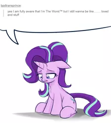 Size: 1250x1388 | Tagged: safe, artist:heir-of-rick, derpibooru import, starlight glimmer, pony, unicorn, crying, dialogue, female, floppy ears, lidded eyes, looking down, open mouth, simple background, sitting, solo, speech bubble, white background