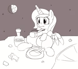 Size: 1280x1149 | Tagged: alcohol, artist:pabbley, belly button, derpibooru import, earth, grayscale, hoof hold, monochrome, moon, moonshine, princess luna, safe, sitting, solo