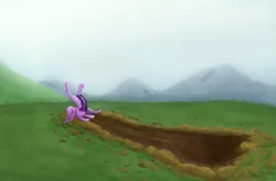 Size: 1300x852 | Tagged: safe, artist:testostepone, derpibooru import, twilight sparkle, twilight sparkle (alicorn), alicorn, pony, crash, crash landing, crashlight, faceplant, fail, failed it, grass field, majestic as fuck, mountain, nailed it, ouch, painting, scenery, solo, underhoof, wipeout