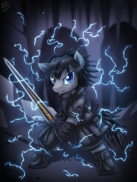 Size: 1500x2000 | Tagged: safe, artist:vavacung, derpibooru import, ponified, earth pony, pony, bipedal, clothes, crossover, electricity, final fantasy, final fantasy xv, noctis lucis caelum, solo, square enix, sword, weapon