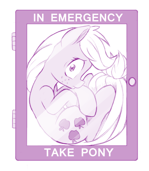 Size: 781x900 | Tagged: safe, artist:dstears, derpibooru import, applejack, earth pony, pony, bronybait, case, emergency glass, emergency pony, female, looking at you, mare, missing accessory, monochrome, scared, solo, trapped, wide eyes