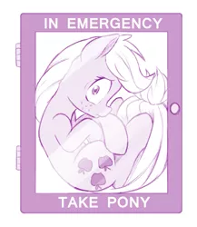 Size: 781x900 | Tagged: safe, artist:dstears, derpibooru import, applejack, earth pony, pony, bronybait, case, emergency glass, emergency pony, female, looking at you, mare, missing accessory, monochrome, scared, solo, trapped, wide eyes