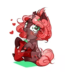 Size: 600x665 | Tagged: safe, artist:ipun, derpibooru import, oc, unofficial characters only, pony, unicorn, female, food, heart eyes, mare, micro, simple background, solo, strawberry, watermark, white background, wingding eyes