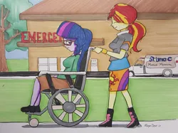 Size: 1024x767 | Tagged: safe, artist:missmayaleanne, derpibooru import, part of a set, sci-twi, sunset shimmer, twilight sparkle, equestria girls, chair, clothes, cute, female, hospital, lesbian, part of a series, patient, scitwishimmer, shipping, sitting, skirt, story included, sunsetsparkle, traditional art, walking, wheelchair