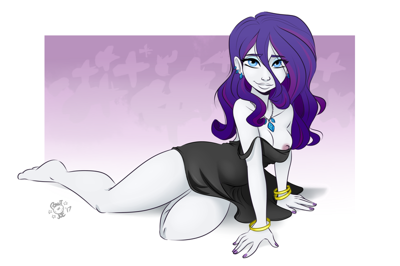 Size: 1280x853 | Tagged: questionable, artist:ponut_joe, derpibooru import, rarity, equestria girls, bangs, bare shoulders, barefoot, beautiful, bracelet, breasts, busty rarity, clothes, cutie mark necklace, dress, ear piercing, earring, eyelashes, eyeshadow, feet, female, jewelry, legs, lips, little black dress, looking at you, loose hair, makeup, nail polish, necklace, nightgown, nipple slip, nipples, nudity, piercing, smiling, solo, solo female, thighs