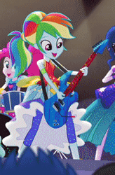 Size: 174x265 | Tagged: safe, derpibooru import, screencap, pinkie pie, rainbow dash, sci-twi, twilight sparkle, equestria girls, legend of everfree, animated, cropped, crystal gala, gif, guitar, legend you were meant to be