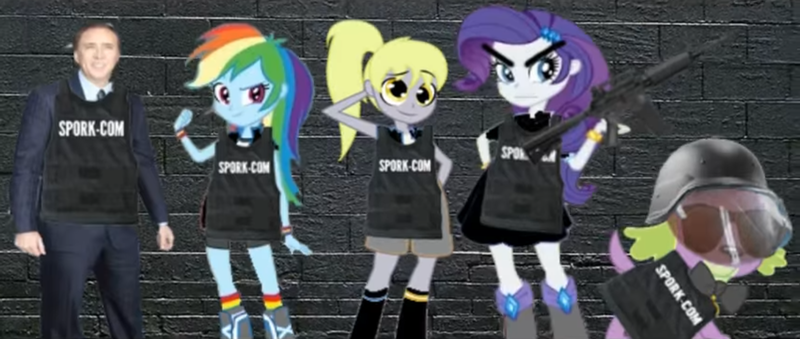 Size: 1363x577 | Tagged: safe, artist:zxinsanity, derpibooru import, derpy hooves, rainbow dash, rarity, spike, dog, equestria girls, alternate universe, armor, boots, bracelet, brad, clothes, eqg promo pose set, equestria girls-ified, equestria girls: the parody series, gun, helmet, high heel boots, jewelry, kevlar, nicolas cage, rainbow socks, socks, spike the dog, striped socks, weapon