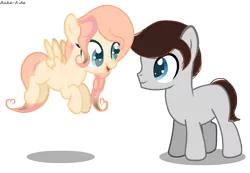 Size: 4982x3452 | Tagged: safe, artist:asika-aida, derpibooru import, oc, oc:cookie cream, oc:sugar dream, unofficial characters only, earth pony, pegasus, pony, absurd resolution, colt, commission, cute, duo, female, filly, flying, friends, looking at each other, male, ocbetes, simple background, transparent background