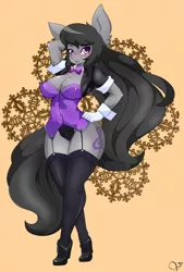 Size: 2000x2951 | Tagged: anthro, arm behind head, artist:zzvinniezz, big breasts, blushing, bowtie, breasts, busty octavia, cleavage, clothes, cuffs (clothes), curvy, derpibooru import, eyeshadow, female, garter belt, garters, gloves, high heels, leotard, looking at you, makeup, octavia melody, plantigrade anthro, pose, seductive pose, sexy, shoes, simple background, socks, solo, solo female, stockings, stupid sexy octavia, suggestive, thigh highs