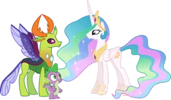 Size: 1166x685 | Tagged: safe, artist:drakizora, derpibooru import, princess celestia, spike, thorax, alicorn, changedling, changeling, dragon, pony, to where and back again, .svg available, king thorax, simple background, transparent background, vector