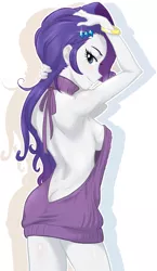 Size: 550x950 | Tagged: suggestive, artist:ta-na, derpibooru import, rarity, equestria girls, ass, backless, bottomless, bracelet, braless, breasts, busty rarity, buttcrack, clothes, eyeshadow, female, jewelry, lidded eyes, looking back, makeup, no panties, no underwear, open-back sweater, sideboob, simple background, sleeveless sweater, smiling, solo, solo female, sweater, virgin killer sweater, white background